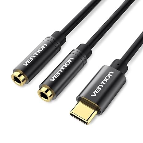 Vention Type-C to Dual 3.5mm Female Audio Cable 0.3M Black Metal Type